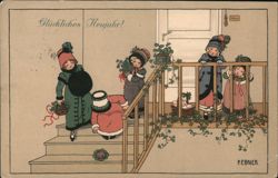 Children with Flowers on Porch Steps: Happy New Year Pauli Ebner Postcard Postcard Postcard