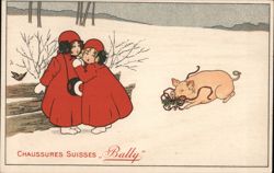 Two Girls in Red Coats Observe a Pig with a Ribbon Children Pauli Ebner Postcard Postcard Postcard