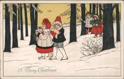 Children with Evergreen Branches in Snowy Woods - Christmas Greeting Pauli Ebner Postcard Postcard Postcard