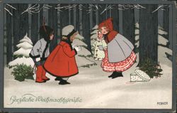 Children Exchanging Christmas Gifts in Snowy Woods Pauli Ebner Postcard Postcard Postcard