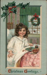 Christmas Morning: Girl in Bed with Gifts and Treats Postcard