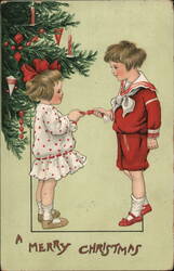 Children Exchanging Christmas Gift by Candlelit Tree Postcard Postcard Postcard