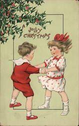 Jolly Christmas: Children Dancing Beneath Holly Postcard Postcard Postcard