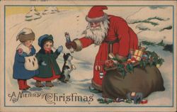 Santa Claus Giving Toys to Children with Kitten Postcard