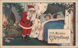 Santa Claus Tiptoes Past Sleeping Children on Christmas Eve Postcard Postcard Postcard