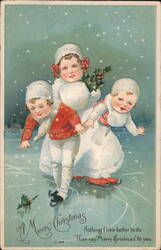 Three Children Ice Skating, Merry Christmas Greeting Postcard Postcard Postcard