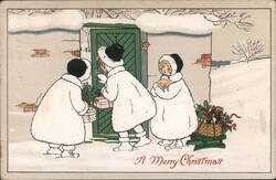 Children in White Coats Delivering Christmas Gifts Postcard