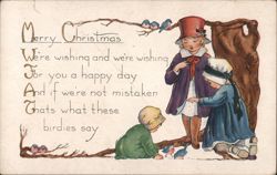 Merry Christmas Children with Bluebirds, Antique Holiday Postcard Postcard Postcard