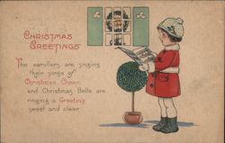 Caroling Child with Sheet Music by Lit Window, Christmas Greetings Children Postcard Postcard Postcard