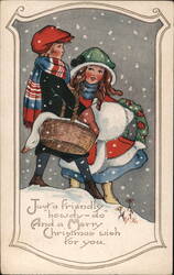 Children with Goose Basket, Snowy Christmas Greeting Postcard Postcard Postcard