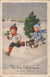 Children with Christmas Tree and Clover, New Year's Greetings Postcard Postcard Postcard