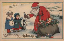 Santa Claus Giving Toys to Children and Kitten Postcard Postcard Postcard