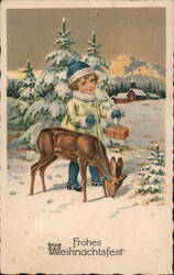 Child with Fawn and Gift, Frohes Weihnachtsfest German Christmas Greeting Postcard