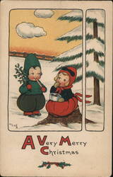 Children with Candy Cane and Holly, A Very Merry Christmas Postcard