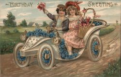 Children in Floral Car, Birthday Greeting Postcard