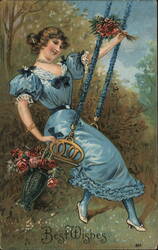 Woman on a Swing with Flowers, Best Wishes Women Postcard Postcard Postcard