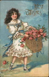 Girl with Basket of Pink Roses, Best Wishes Girls Postcard Postcard Postcard