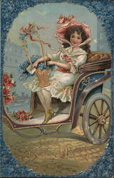 Girl in Horse-Drawn Carriage with Forget-Me-Nots, Best Wishes Postcard Postcard Postcard