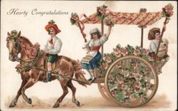 Hearty Congratulations: Children in a Flower-Adorned Horse-Drawn Carriage Postcard