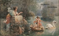 Cherubic Cupid in Seashell Boat Pulled by Swan, Birthday Greeting Postcard Postcard Postcard