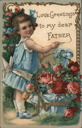 Little Girl with Basket of Roses, Love Greetings to Father Postcard