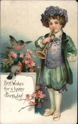 Boy with Trumpet & Birds, Happy Birthday Postcard Postcard Postcard