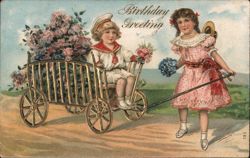 Birthday Greeting: Children with Flower Cart Postcard