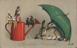 Easter Bunny with Umbrella, Watering Can, and Birds With Bunnies Postcard Postcard Postcard