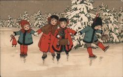 Children Ice Skating in Winter Wonderland Postcard