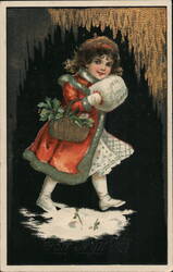 Girl in Red Coat with Holly Basket and Muff, German Christmas Greeting Children Postcard Postcard Postcard