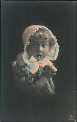 Little Girl with Pacifier and Roses, Pink and Blue Bonnet Children Postcard Postcard Postcard