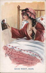 Goodnight Dear: Woman in Bed Holding Soldier's Photo World War I Arthur Burles Postcard Postcard Postcard