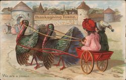 Children in Turkey-Drawn Cart, Thanksgiving Towne Postcard