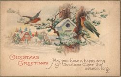 Christmas Birdhouse Scene with Snowy Village Postcard