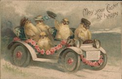 Happy Easter Chicks in a Floral Car Postcard Postcard Postcard