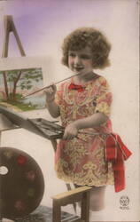 Young Girl Painting at Easel, French Postcard Postcard