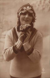 Young Woman in Knit Sweater with Headscarf Holding Flowers Women Postcard Postcard Postcard