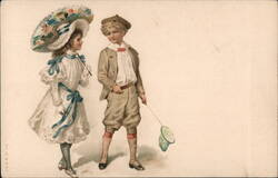 Charming Children with Parasol and Butterfly Net Umbrellas & Parasols Postcard Postcard Postcard