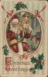 Santa Holds Child, Greeted by Other Children, Christmas Greetings Germany Santa Claus Postcard Postcard Postcard