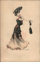 Elegant Woman in Evening Gown, Holding a Muff Women Postcard Postcard Postcard