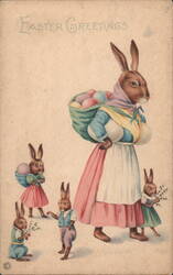 Anthropomorphic Easter Bunny Family with Basket of Eggs Postcard