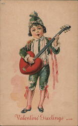 Boy with Heart-Shaped Guitar, Valentine Greetings Children Postcard Postcard Postcard