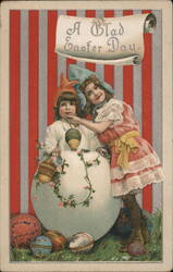 Two Children with Giant Easter Egg and Colorful Easter Eggs With Children Postcard Postcard Postcard