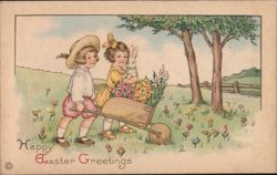 Children with Bunny and Wheelbarrow, Happy Easter Greetings With Children Postcard Postcard Postcard