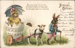 Whimsical Easter Postcard: Chick, Rabbit, Lamb, and Sun Postcard Postcard