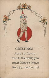 Whimsical Clown Hiding Face, Vintage Greeting Card Circus Postcard Postcard Postcard