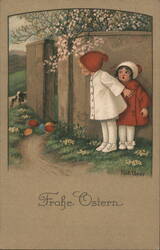 Two Children Peek at Easter Eggs, Vintage Easter Postcard Postcard