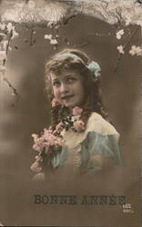 Young Girl with Braids and Flowers, Bonne Année Greeting Girls Postcard Postcard Postcard