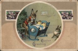 Easter Bunny Family Tending to Chick in Cradle With Bunnies Postcard Postcard Postcard