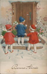 Three Children Delivering New Year's Flowers Postcard Postcard Postcard